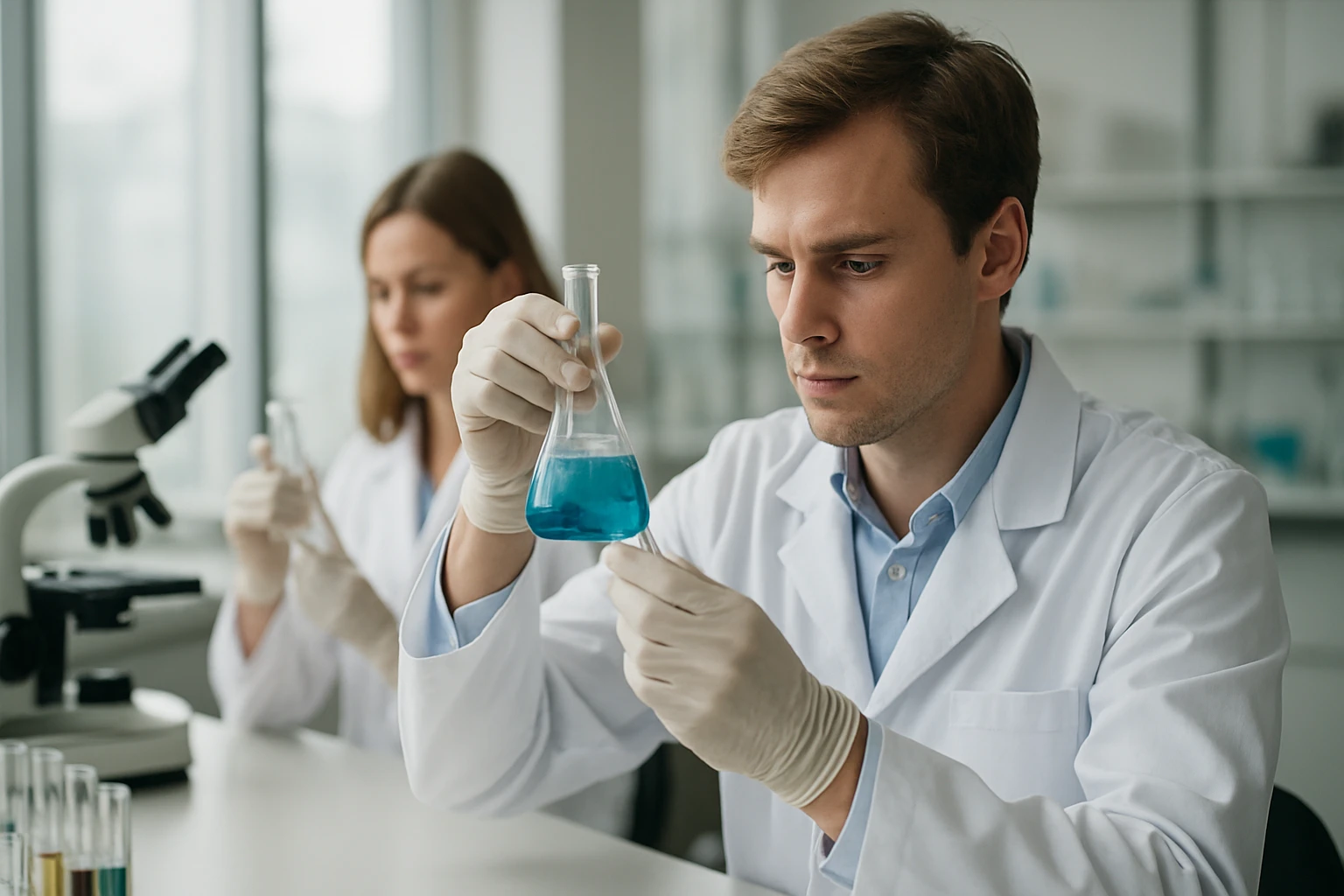 Két laboratóriumi szakember borsav tulajdonságait vizsgálja.