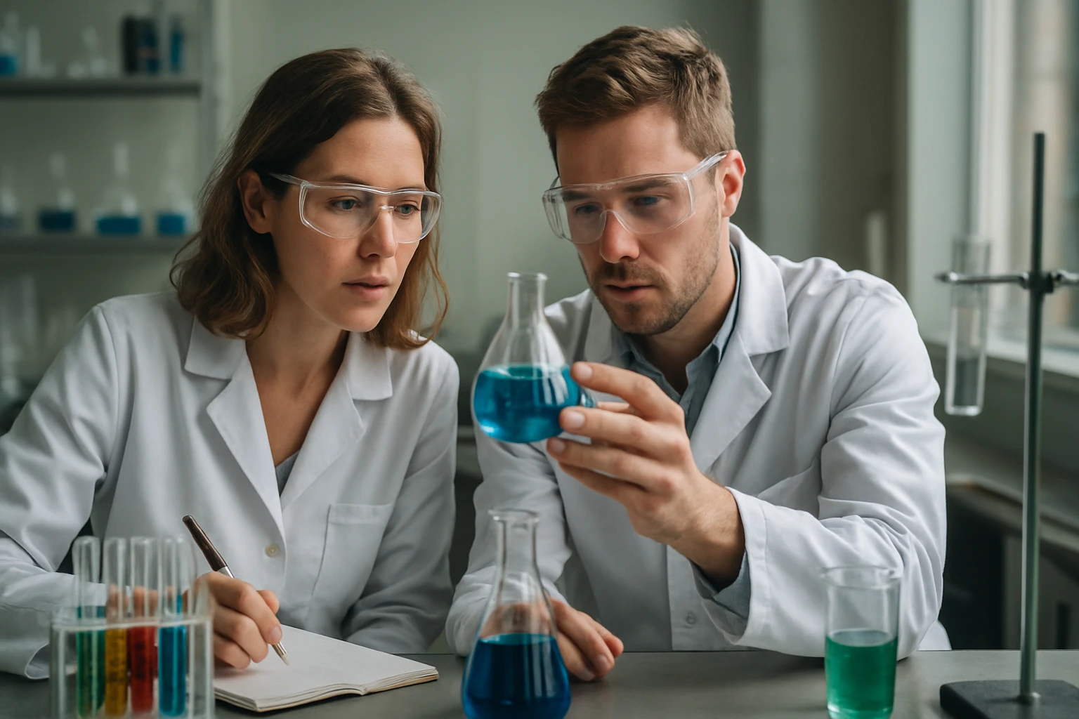 Két fiatal tudós laboratóriumban kémiai kísérletet végez.