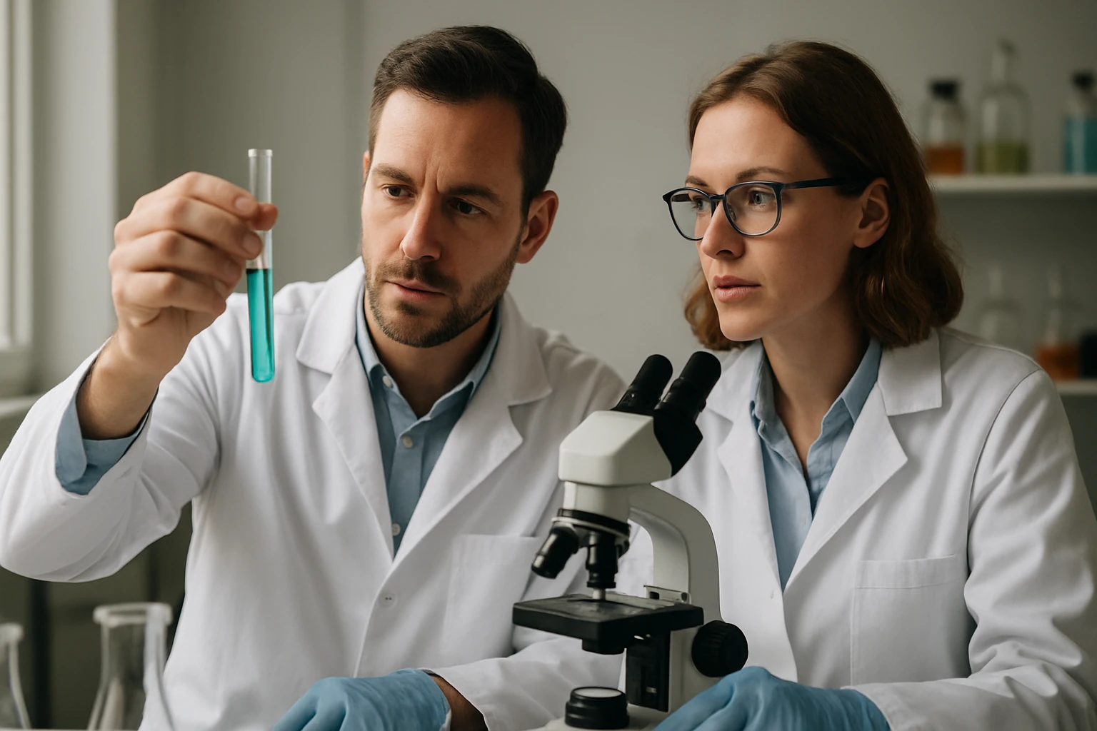 Két tudós laboratóriumi kísérletezés közben, egy kémcsövet tartva