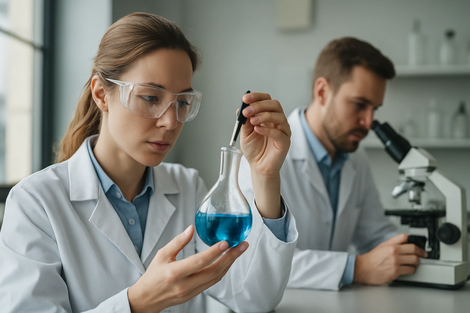A bróm jellemzői, megjelenése és alkalmazási területei Kémikus laboratóriumban bróm folyadékot vizsgál.