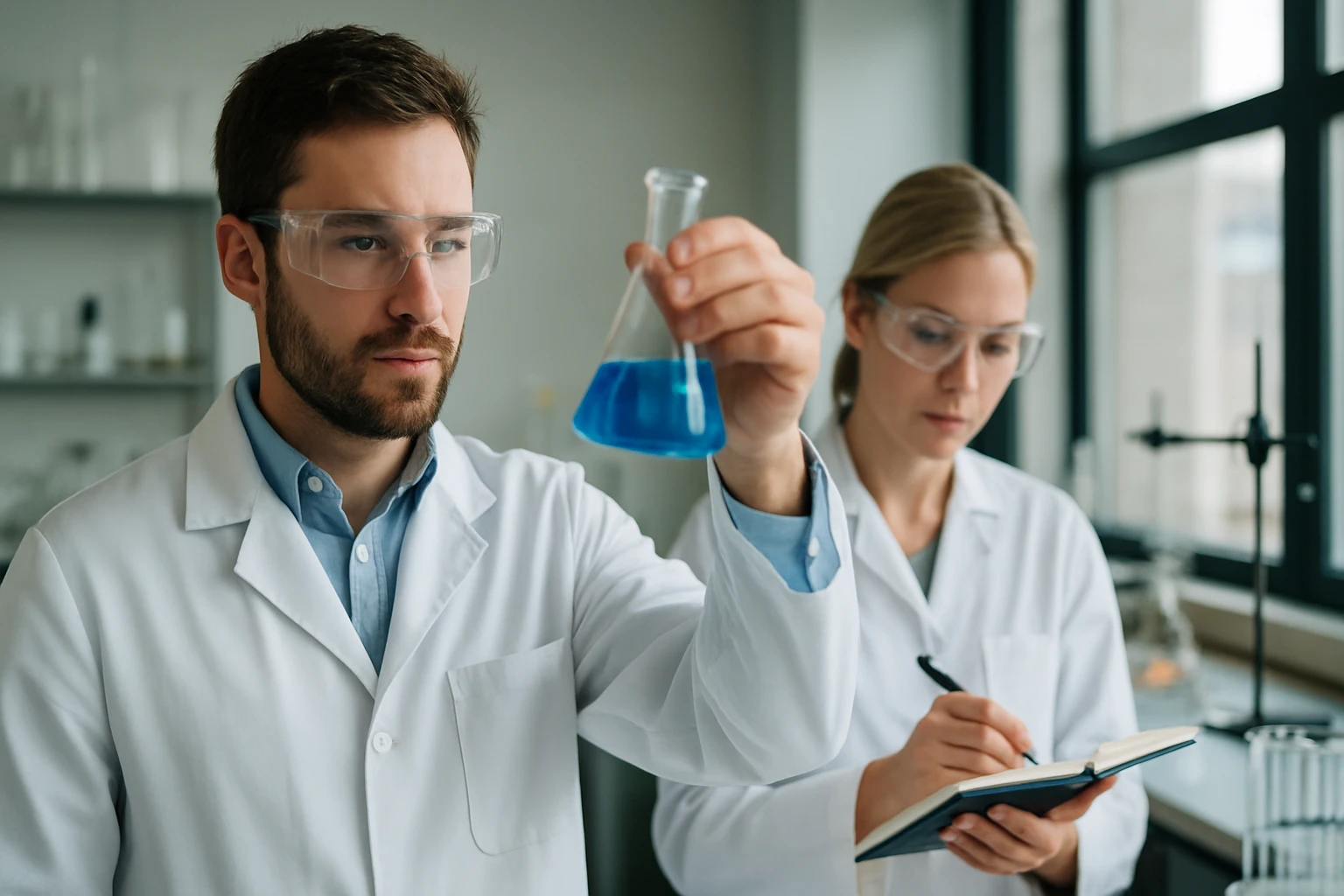 Két vegyész laboratóriumban: kék folyadékot vizsgálnak.