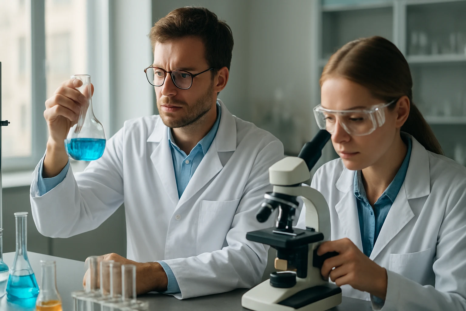 Két kutató a laborban, bromellit vizsgálat során, kémcsövekkel és mikroszkóppal.