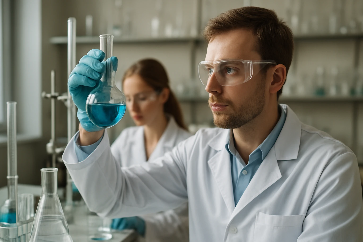 A buboréktányérok működése és jelentősége a desztillációs oszlopokban Kémiai laboratóriumban dolgozó tudósok desztillációs kísérletet végeznek.