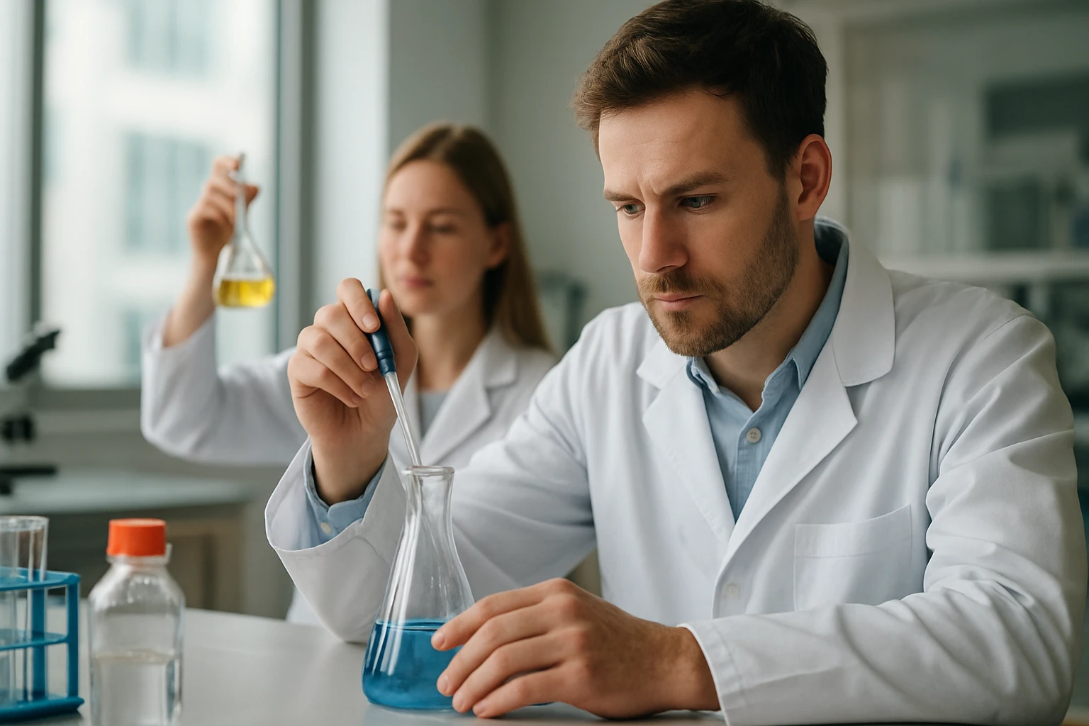 Két kutató laboratóriumban, kémiai kísérlet közben.