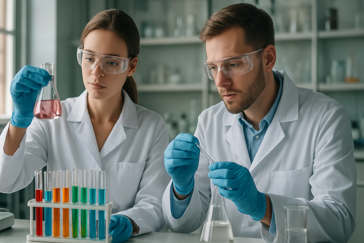 Két kutató laboratóriumban butan-1-ollal végzett kísérlet