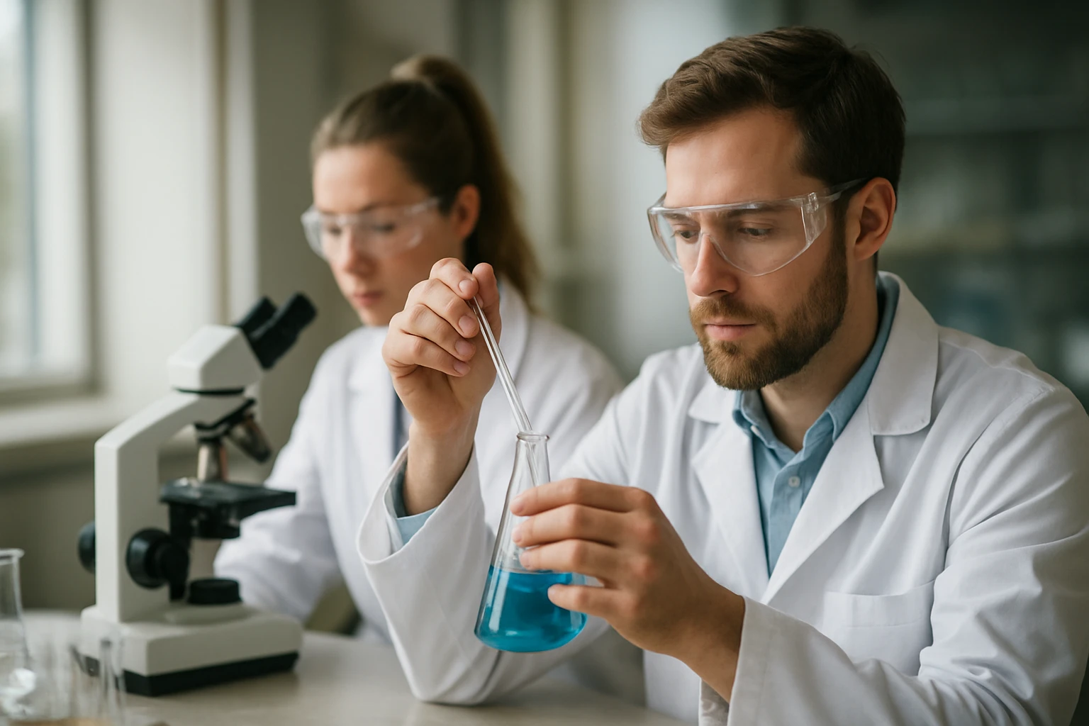 Két tudós laboratóriumban butanol kísérletet végez