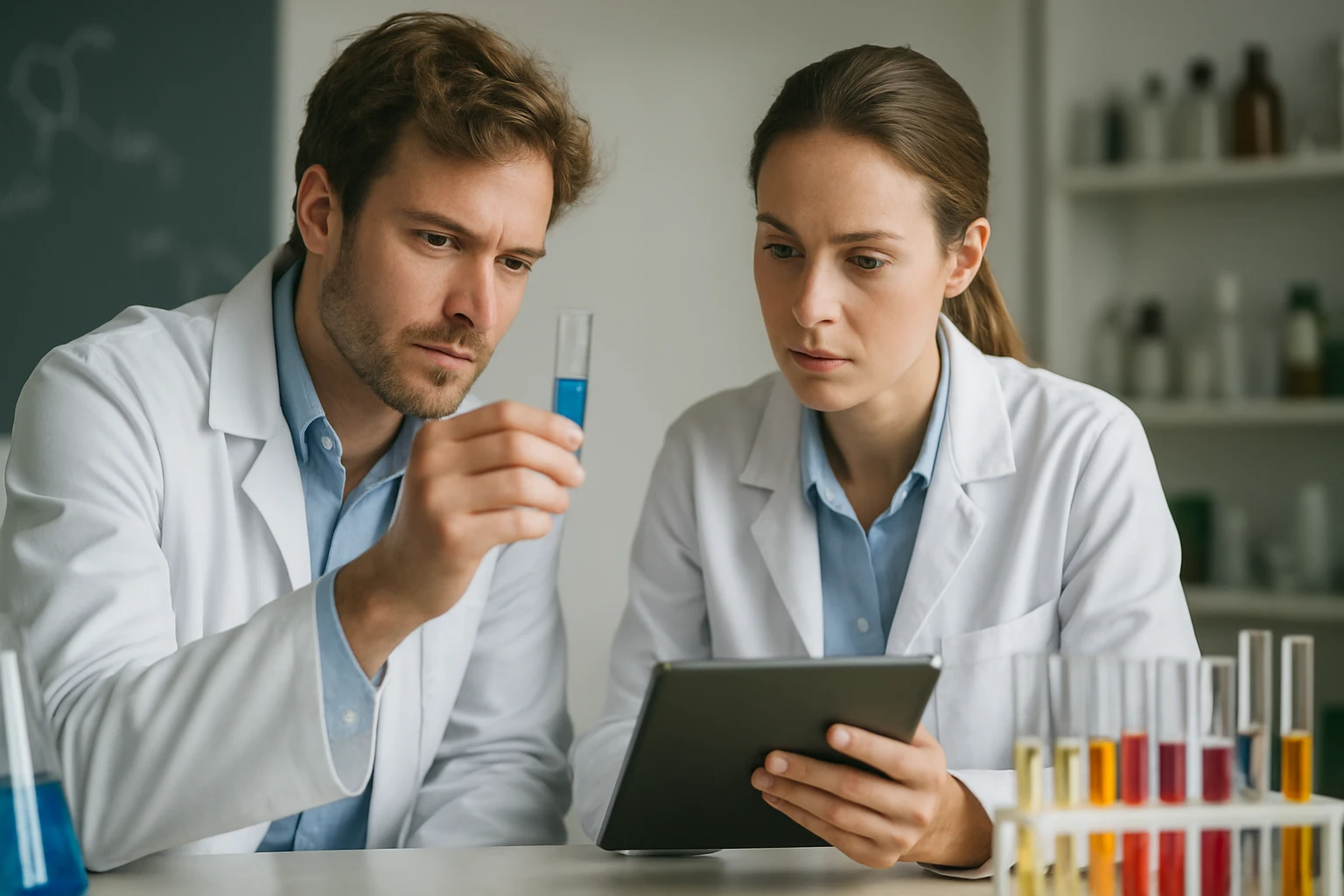 A butil-alkoholos erjedés folyamata: lényeg és mechanizmus Két tudós vizsgál egy kémcsövet és egy táblagépet a laborban.