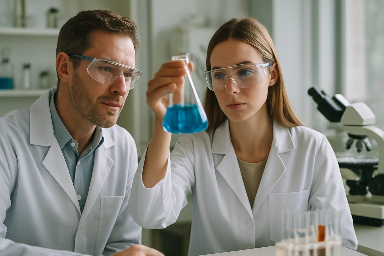 Két vegyész laboratóriumban, butil-merkaptán és kémiai kísérletek