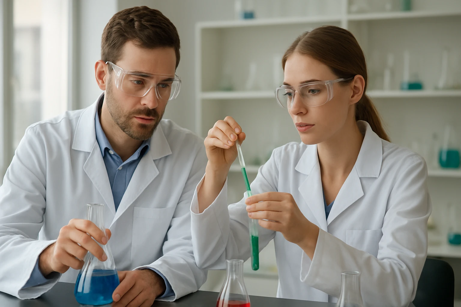 Két tudós laboratóriumban butil-acetát és hexánsav kémiai elemzése közben.