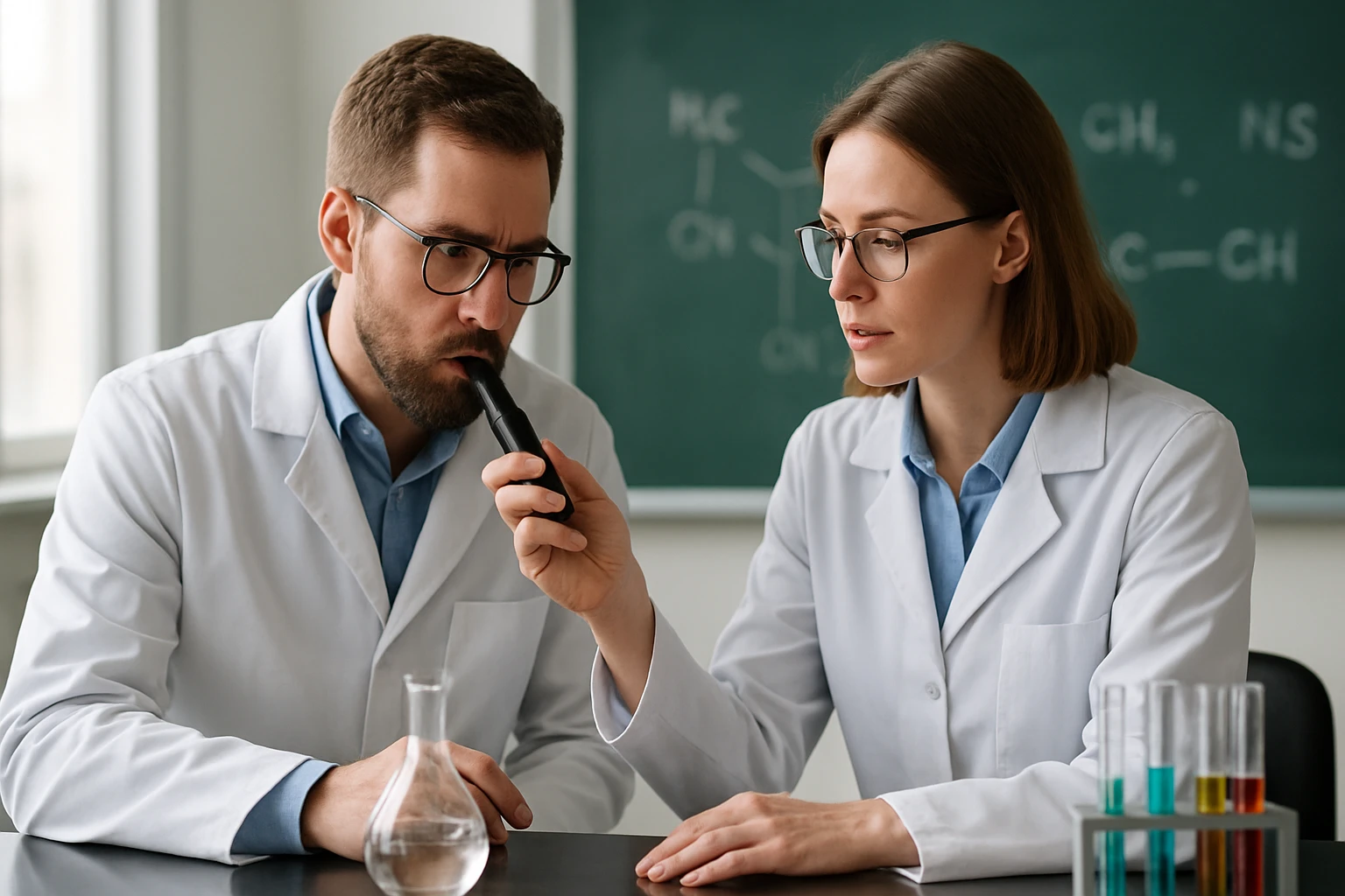 Két tudós CD-spektroszkópiás mérést végez laboratóriumban.