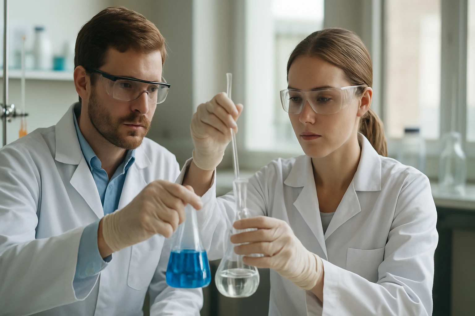 Két kutató kémiai kísérletet végez laboratóriumban.