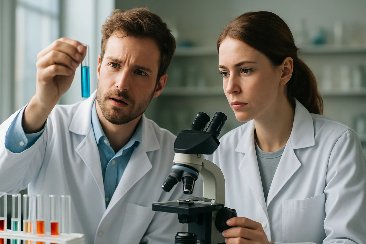 Két kutató mikroszkóppal és kémiai mintával dolgozik