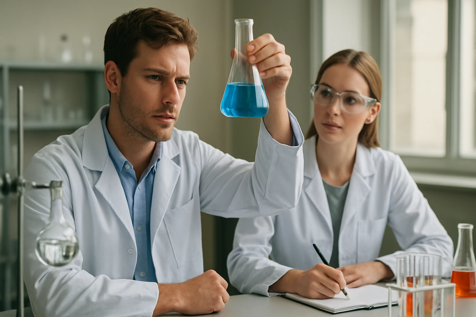 Két kutató laboratóriumban cellulóz-xantáttal dolgozik