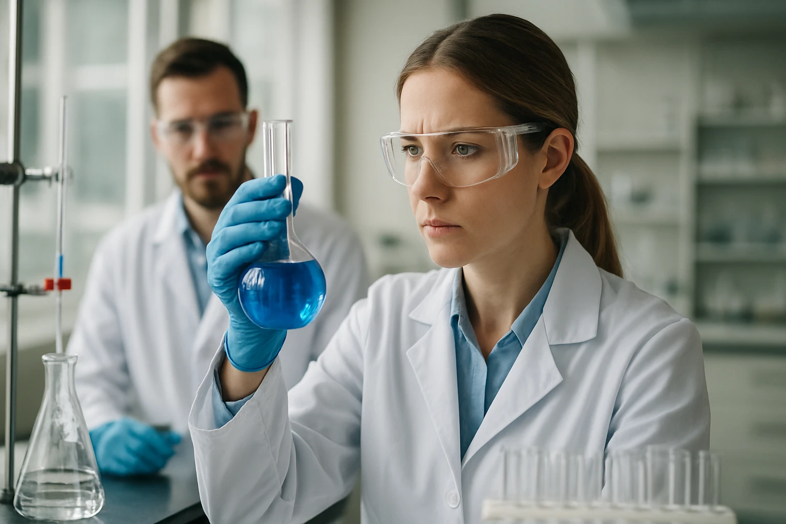 Két tudós laboratóriumban kémiai kísérletet végez, kék folyadékkal