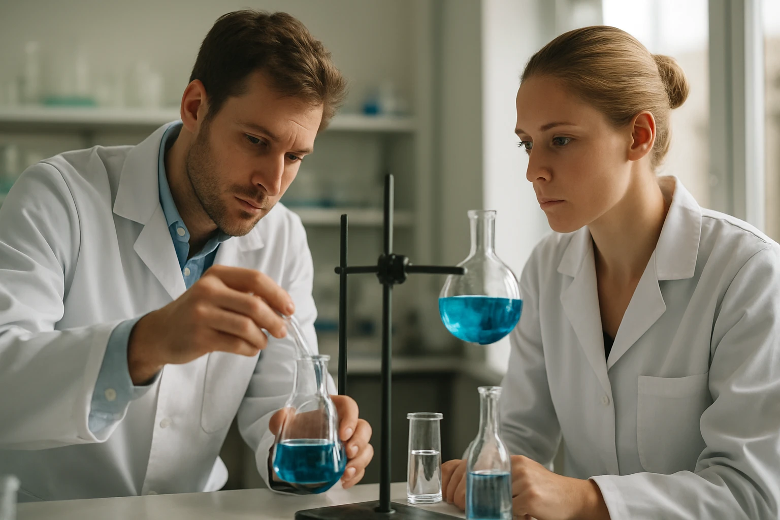 Két kémikus laboratóriumban cianidin vegyületet kutat.