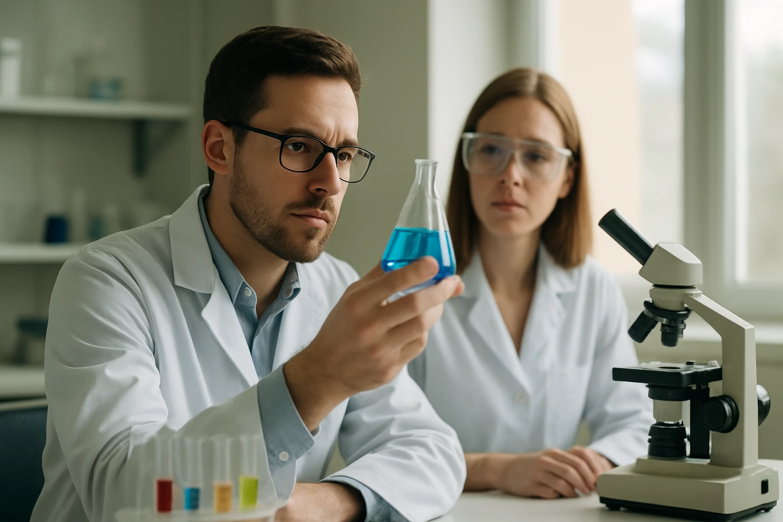 Cianidok: Tulajdonságok, Hatások és Veszélyek Két tudós a laborban, kék folyadékkal teli lombikot vizsgálva