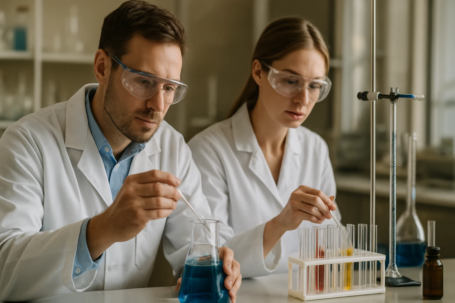 Két tudós laboratóriumban cianocsoportot tartalmazó kísérleteket végez.