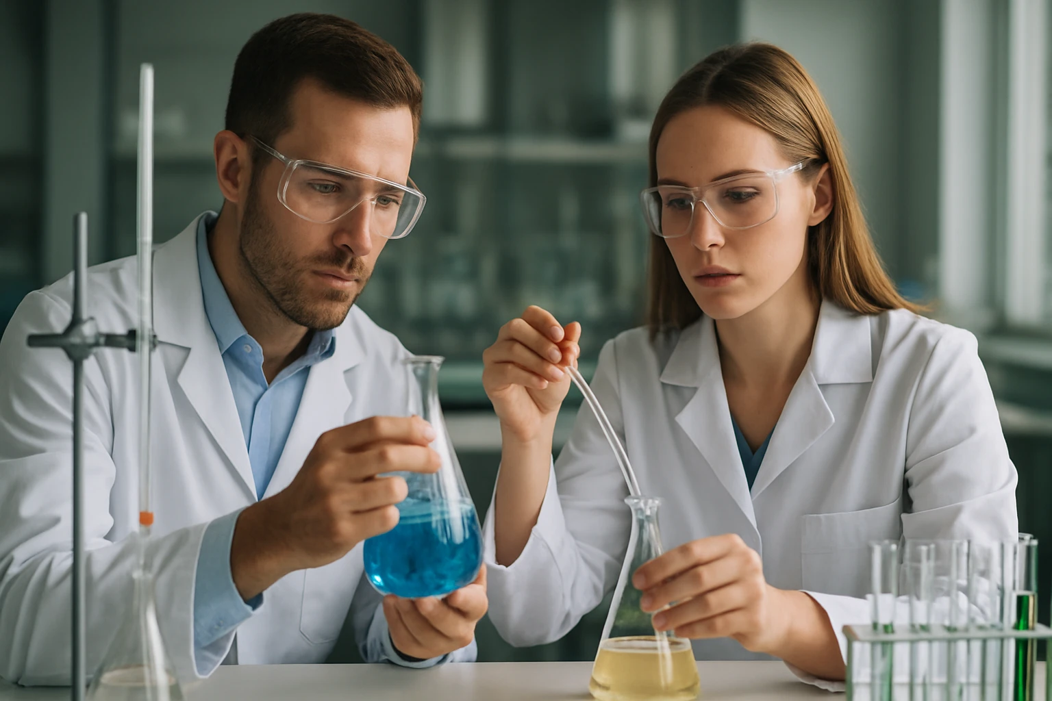 Két kutató dolgozik ciánometánnal laboratóriumi környezetben