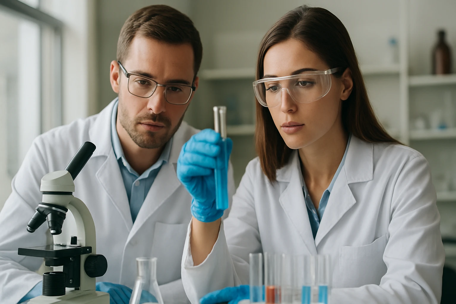 Kémiai szakértők laboratóriumban kísérleteznek ciánursavval.