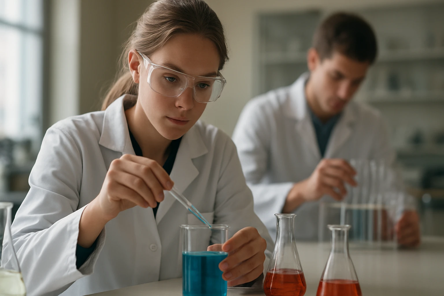 Két fiatal tudós laboratóriumban kémiai kísérletezést végez.