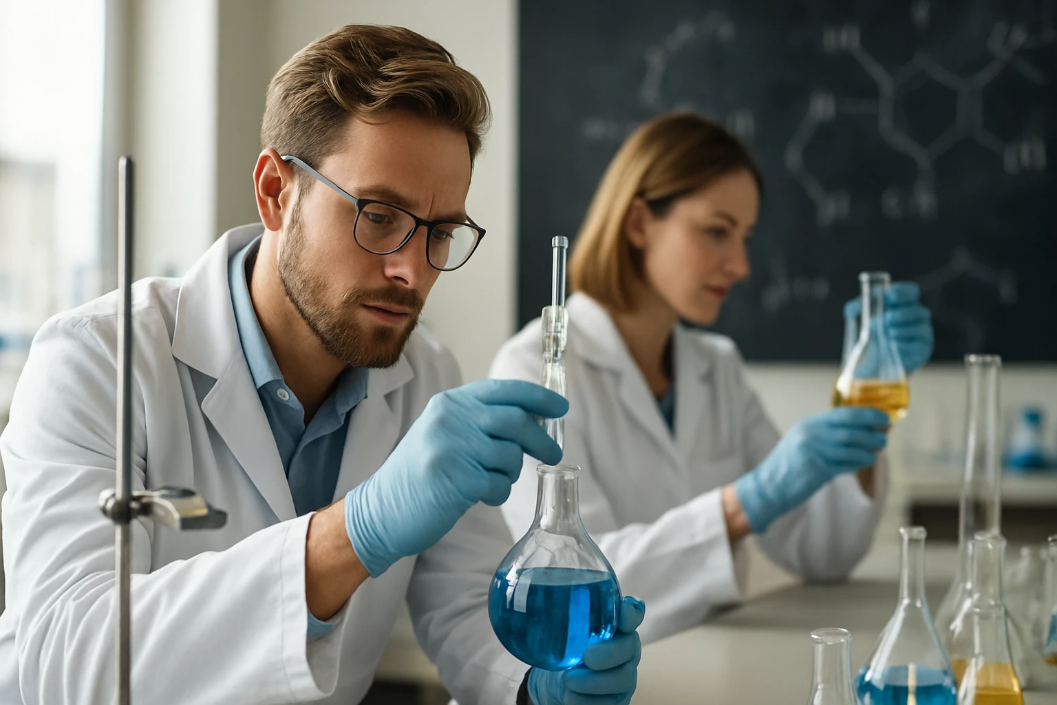 Két kutató laboratóriumban kémiai kísérleteket végez egy ciklodextrin vizsgálatához.