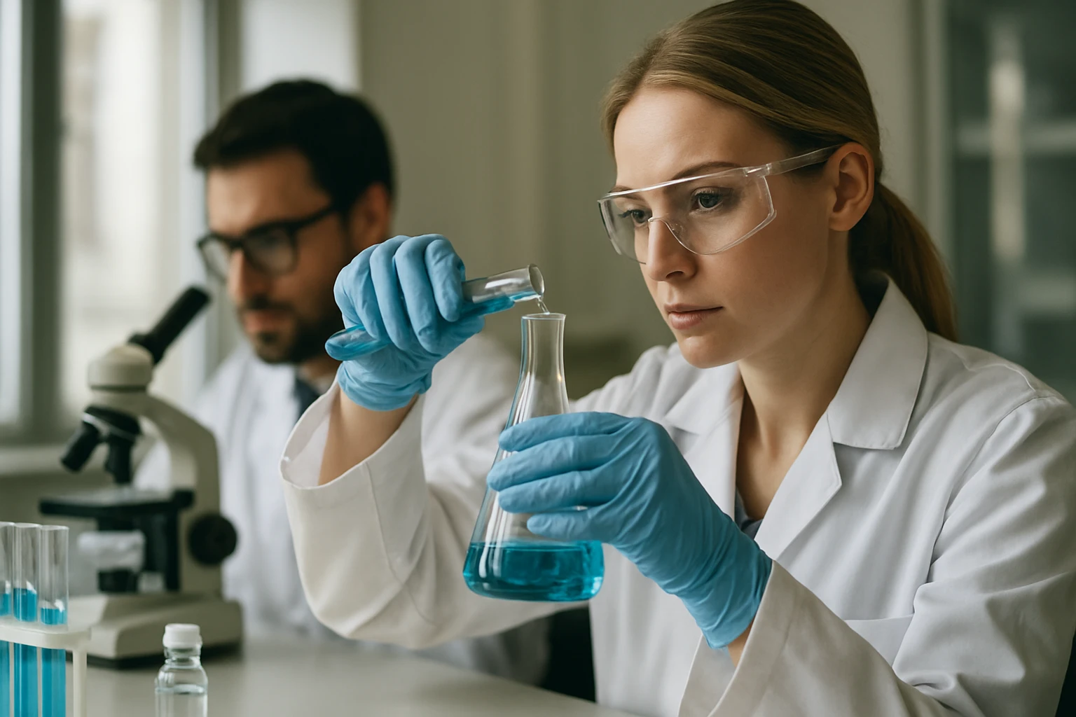 Laboratóriumi munka, kémiai kísérlet folyamatban