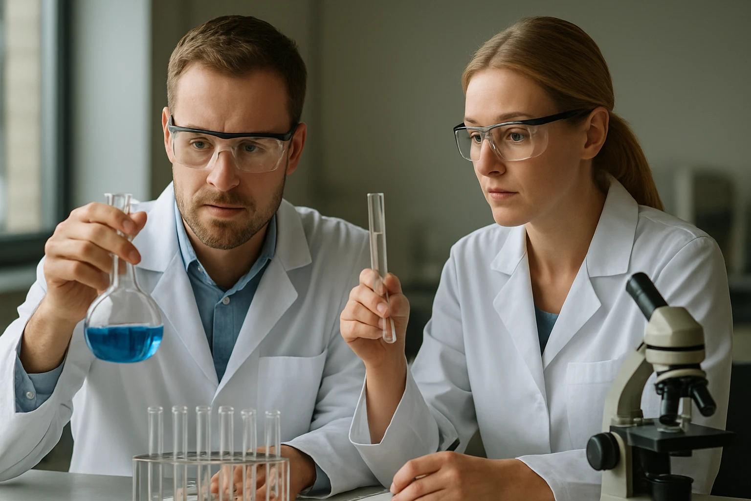 Két kutató elemzi a ciklohexén kémiai reakcióit laboratóriumban.