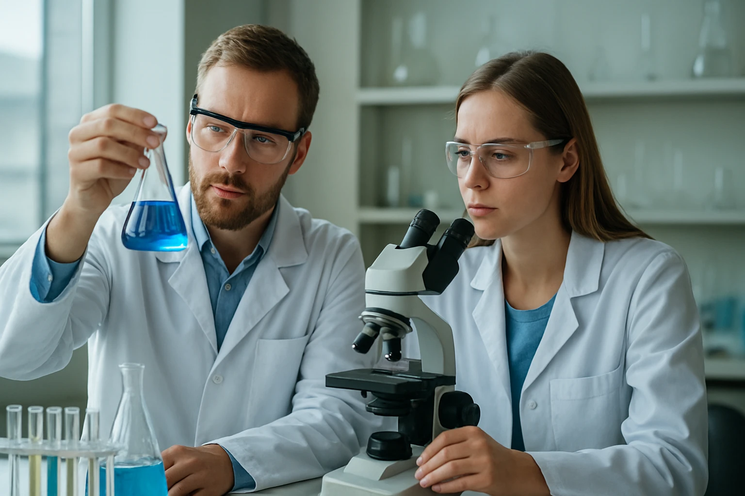 A ciklonit: szerkezeti jellemzők, tulajdonságok és katonai alkalmazások Két kutató kémiai kísérlet közben, laboratóriumi környezetben.