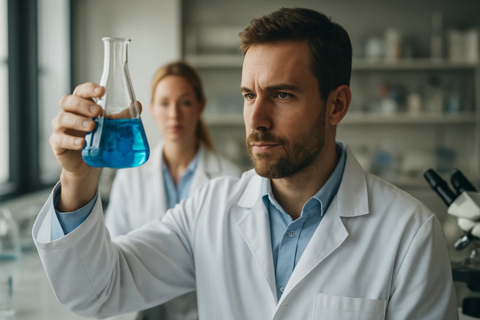 A ciklooktátrién: szerkezet, tulajdonságok és kémiai reakciók Kémikus kék oldatú lombikban, háttérben kolléganővel laborban.