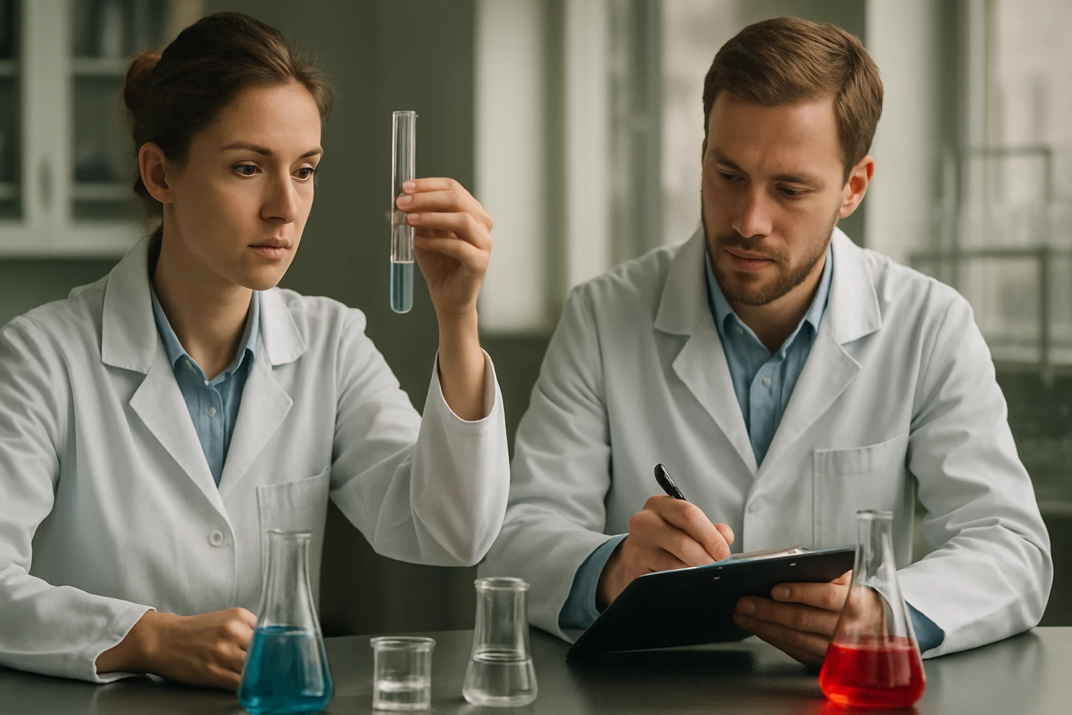 Két vegyész laborban, az egyik kémcsőben folyadékot vizsgál.