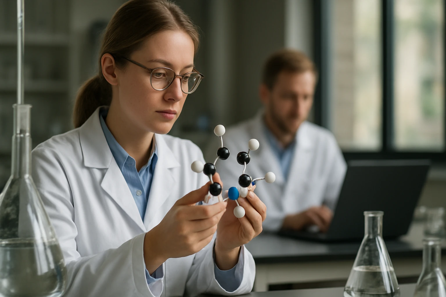 Kémikus ciklusos vegyületeket tanulmányozó női kutató laboratóriumban