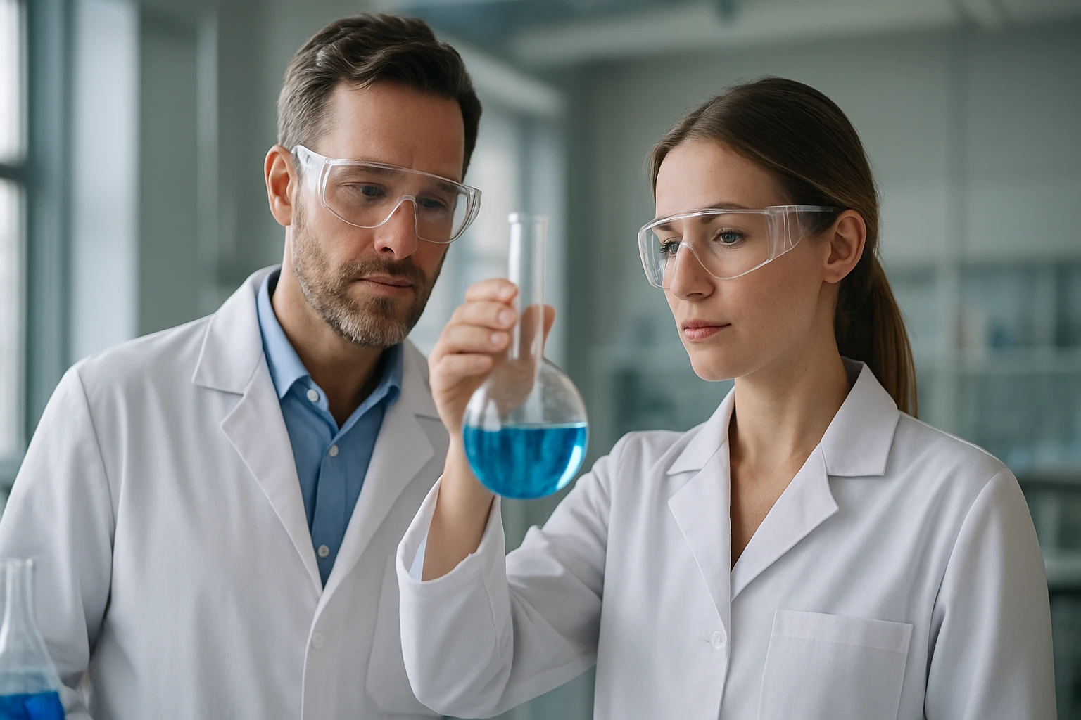 Két tudós laboratóriumban cink szót használó kémiai kísérletet végez.