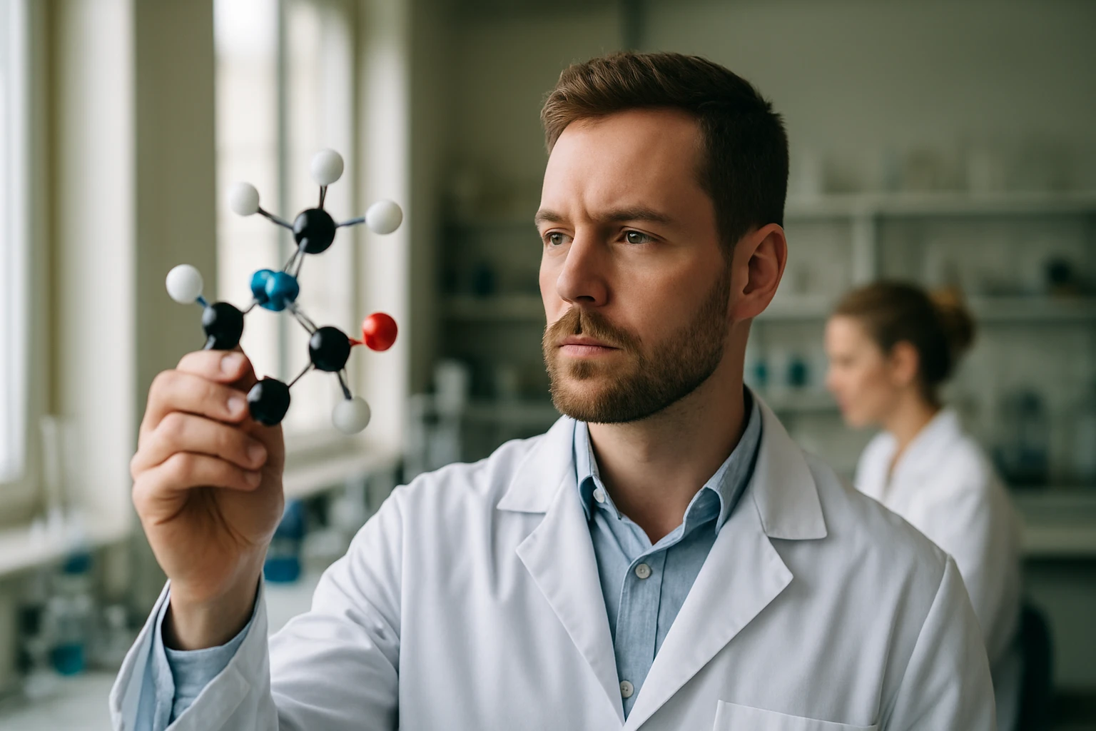 Laboratóriumi szakember cink-klorid modellét vizsgálja.