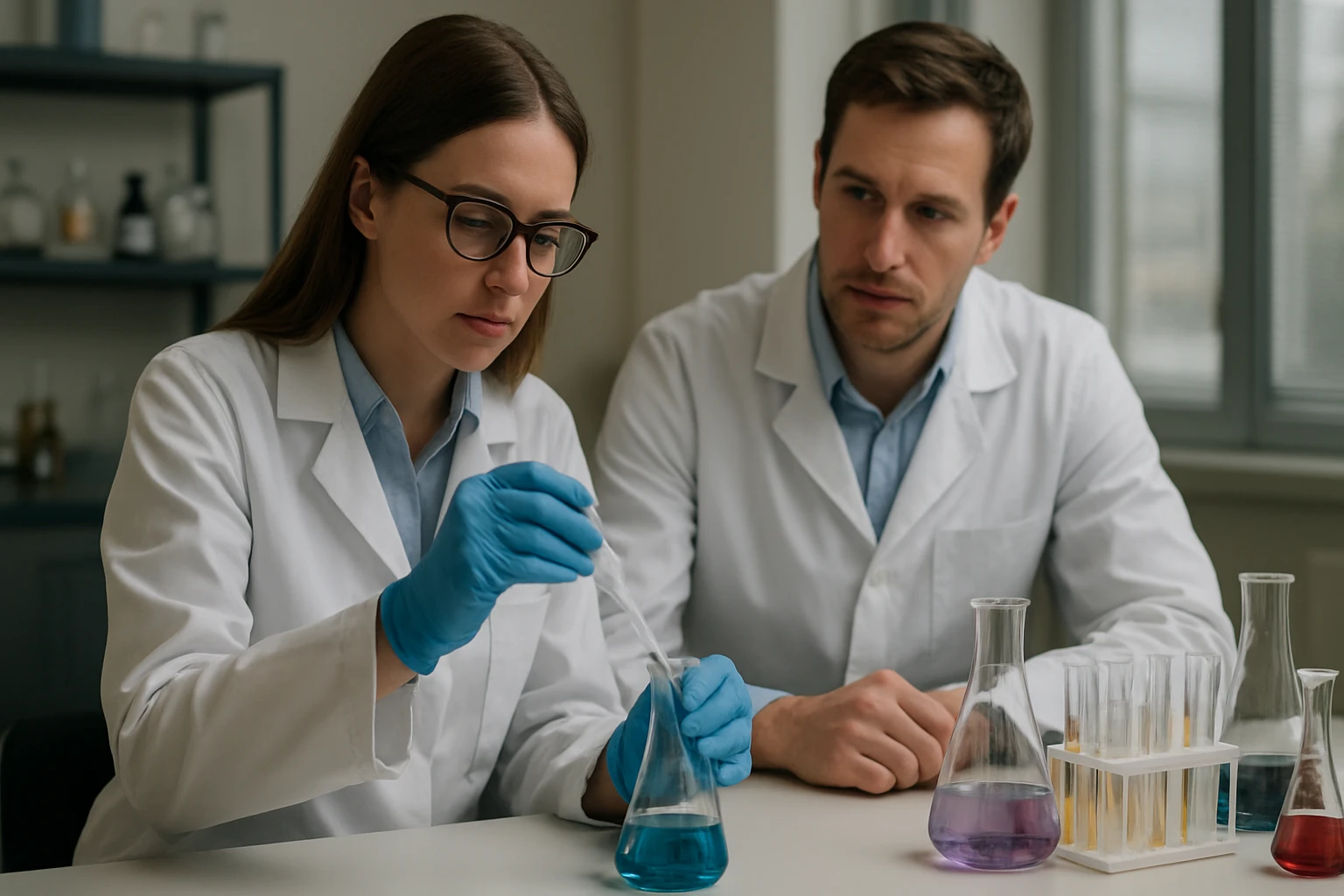 Két vegyész kísérletezik cink-oxid alapú anyagokkal laboratóriumban.