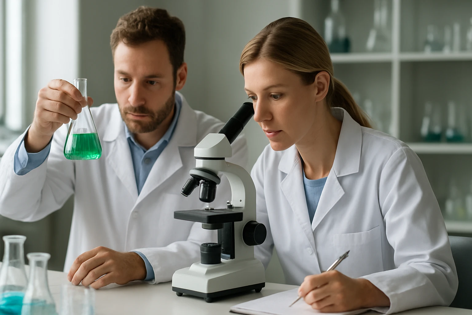 Két tudós kémiai kísérletet végez laboratóriumban.