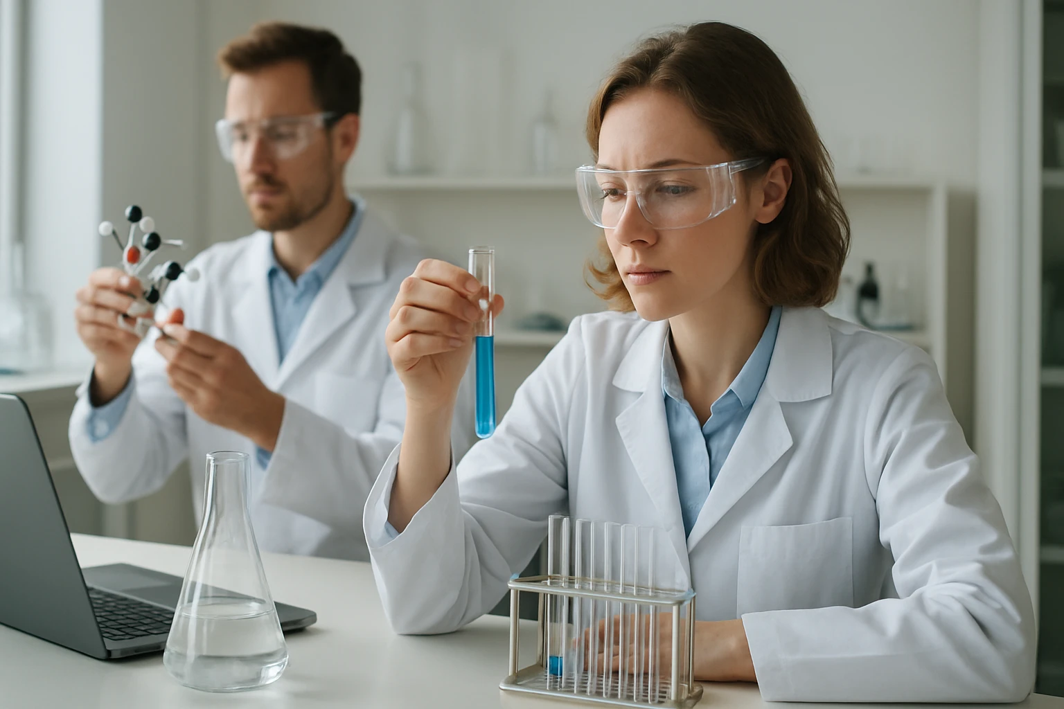 Két laboratóriumi kutató cinkvaj előállításával és vizsgálatával foglalkozik.