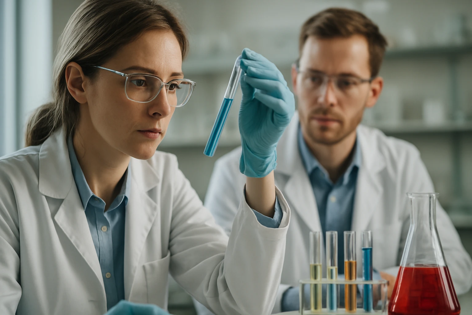 Kutatók vértesztben elemzik a cinnamil-alkoholt laboratóriumban.