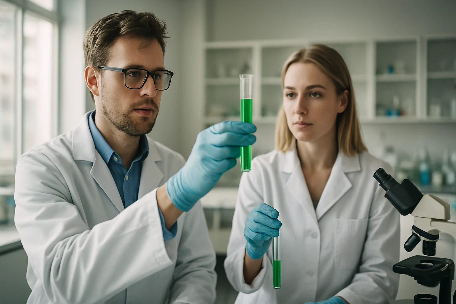 A cinnamilaldehid: kémiai képlete, illata és alkalmazási területei Két vegyész laboratóriumban kémcsövekkel és zöld folyadékkal