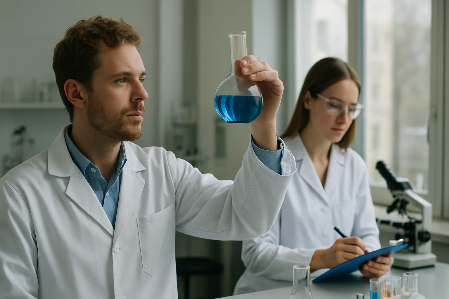 A cirkon jellemzői, lelőhelyei és alkalmazási területei Két kutató kémiai laboratóriumban, az egyik kék folyadékot tart a kezében.