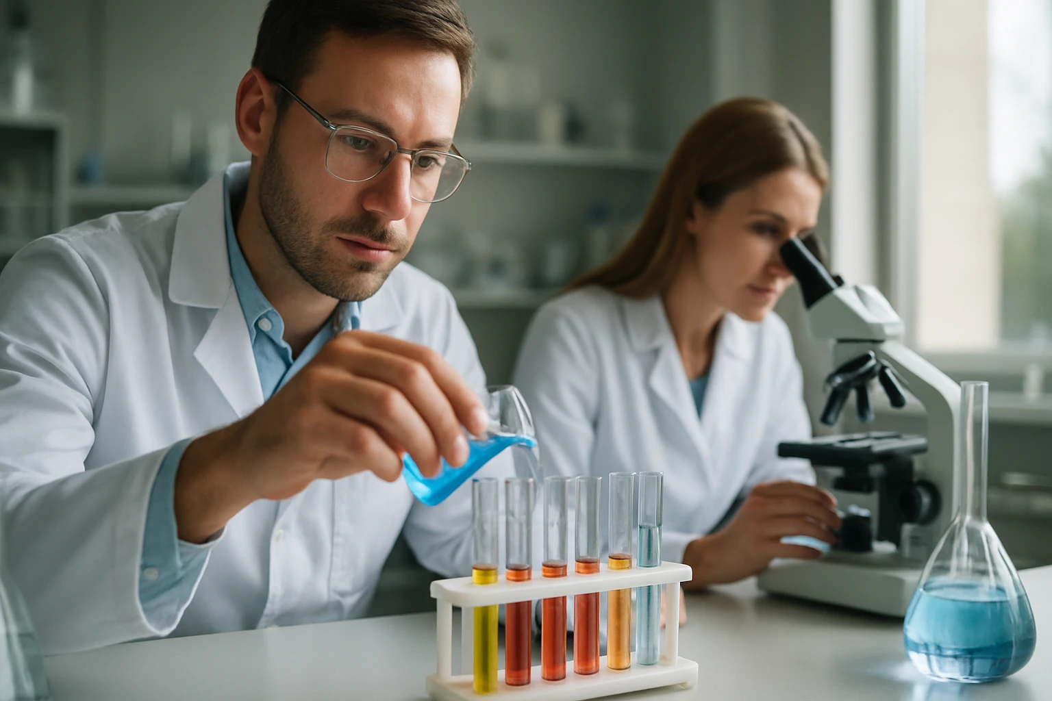 Két kémikus laboratóriumban cirkónium-szilikát kutatást végez