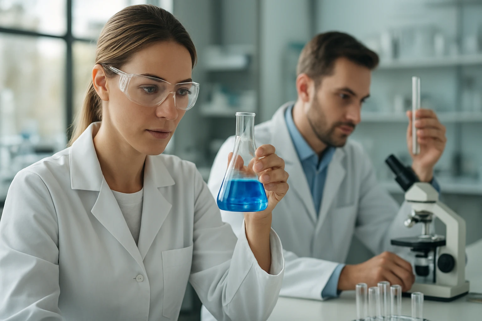 Két kutató laboratóriumi kísérletezés közben, kék folyadékkal.