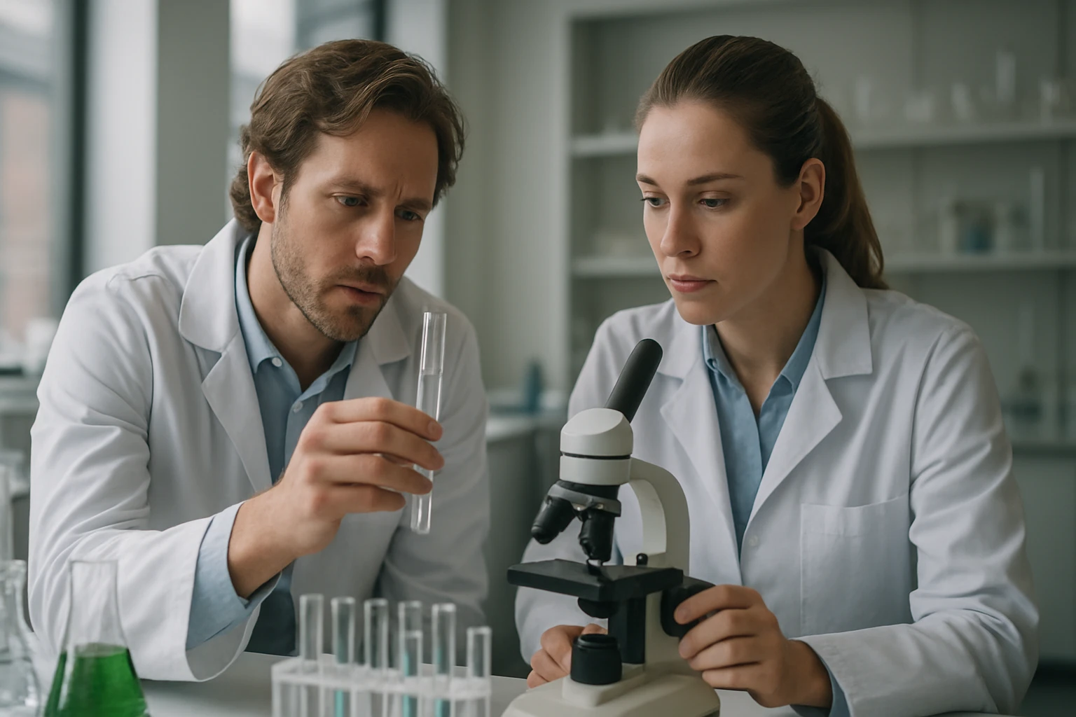 Két kutató laboratóriumban vizsgálja a víz keménységét ioncserés vízlágyítással.