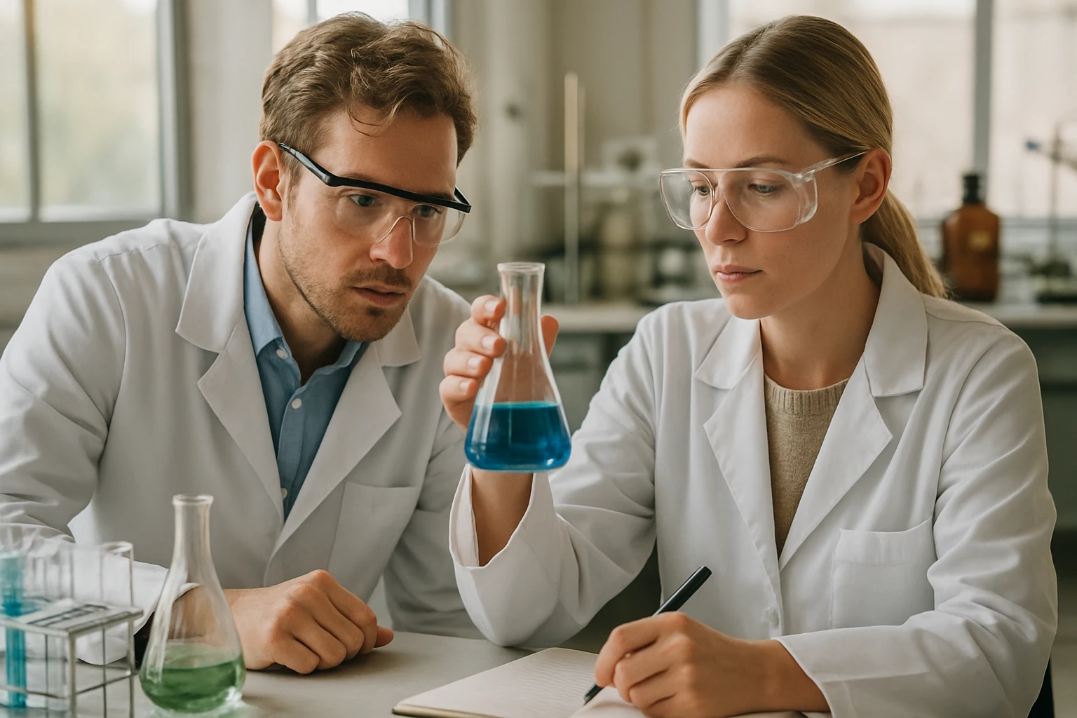 Két tudós laboratóriumban kémiai kísérletet végez egy kék folyadékkal.