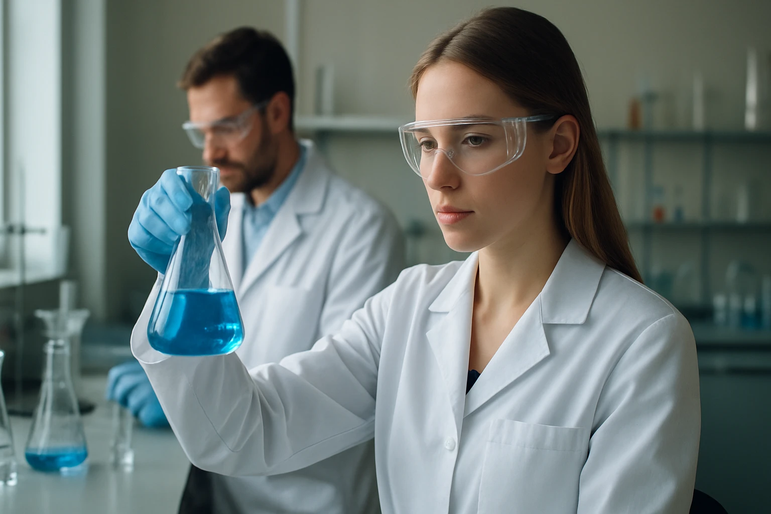 Kémikusok kísérleteznek laboratóriumban kék oldattal.