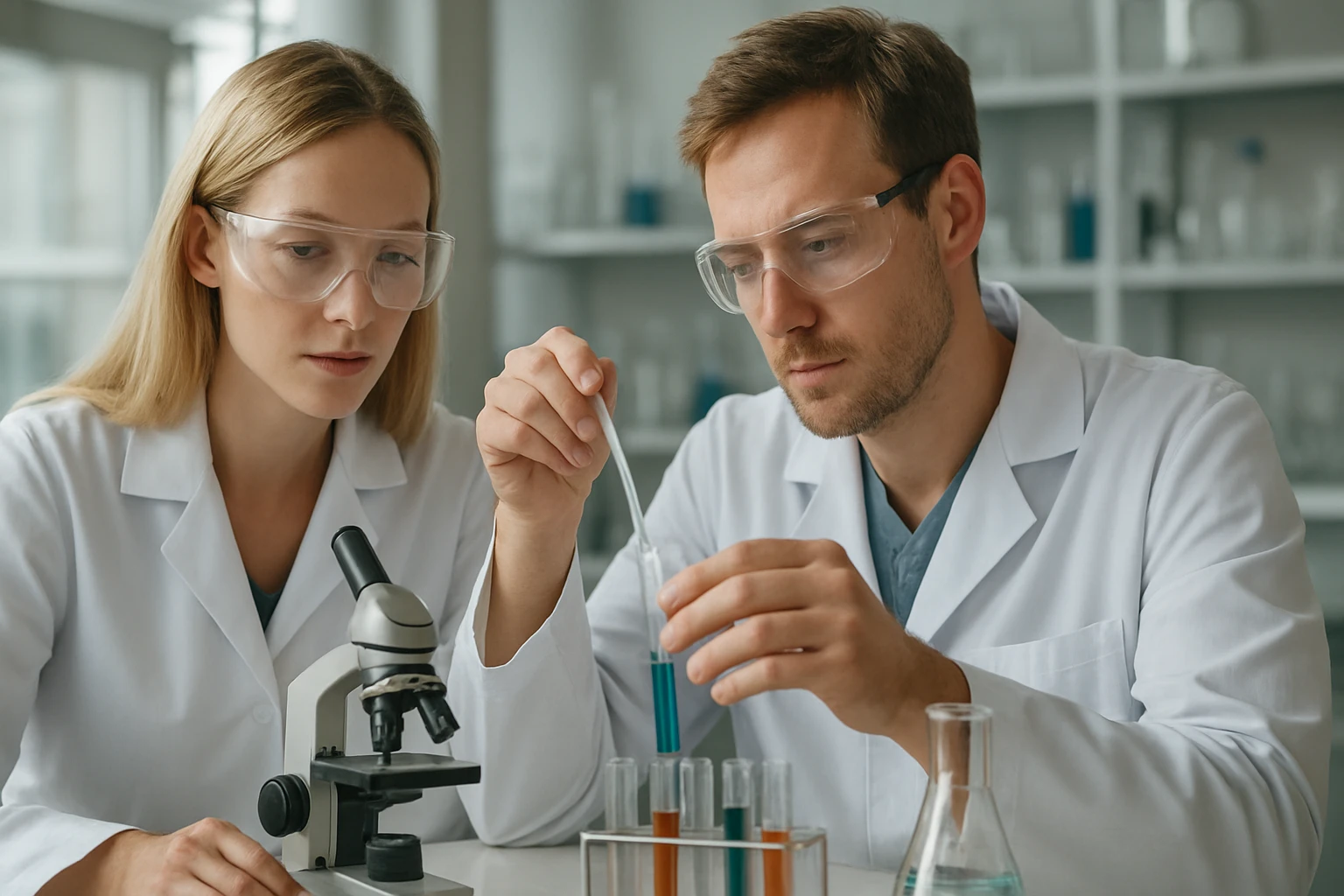 Két kutató laboratóriumban kémiai kísérleteket végez.