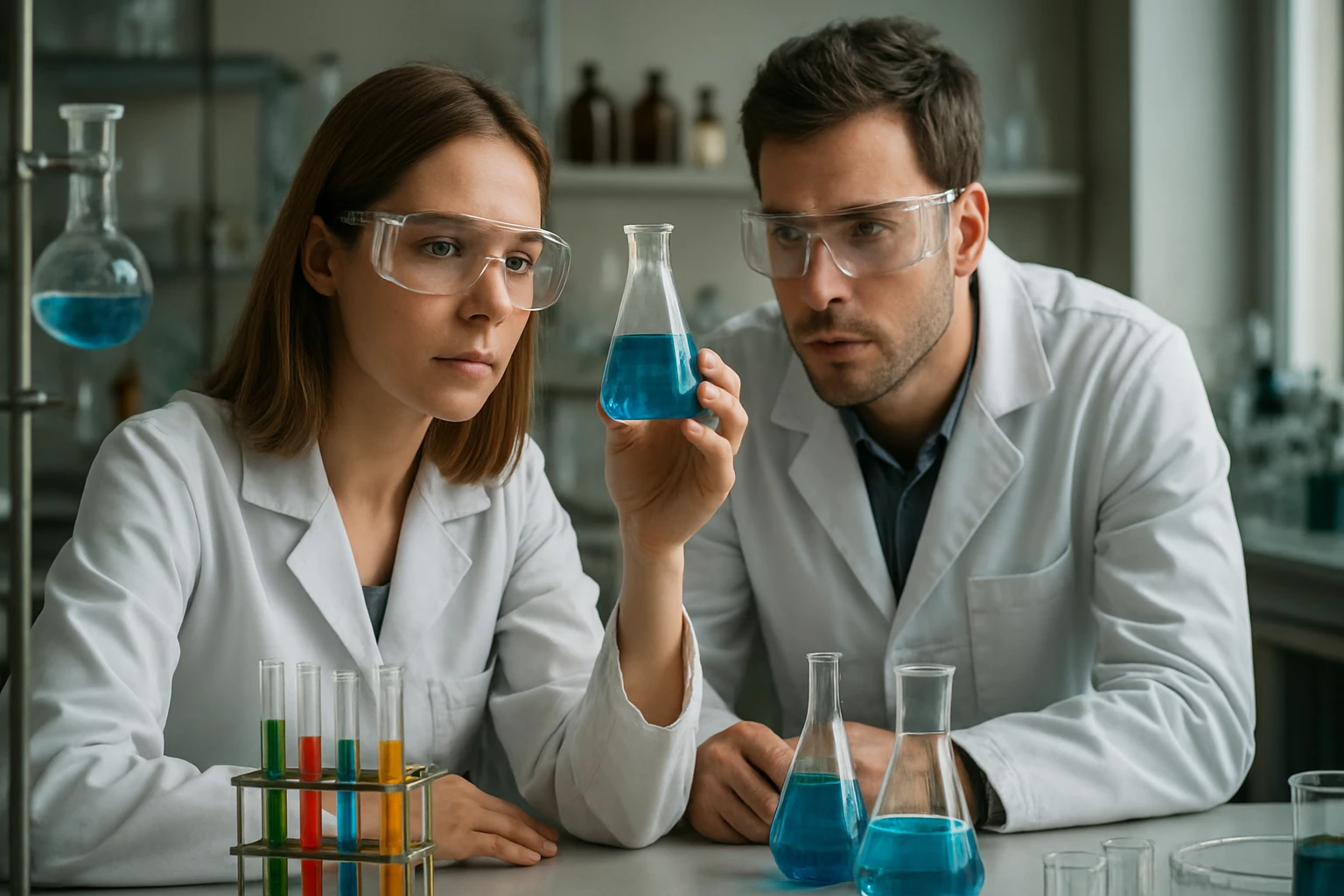 Kémikusok laboratóriumban csersav vizsgálatánál