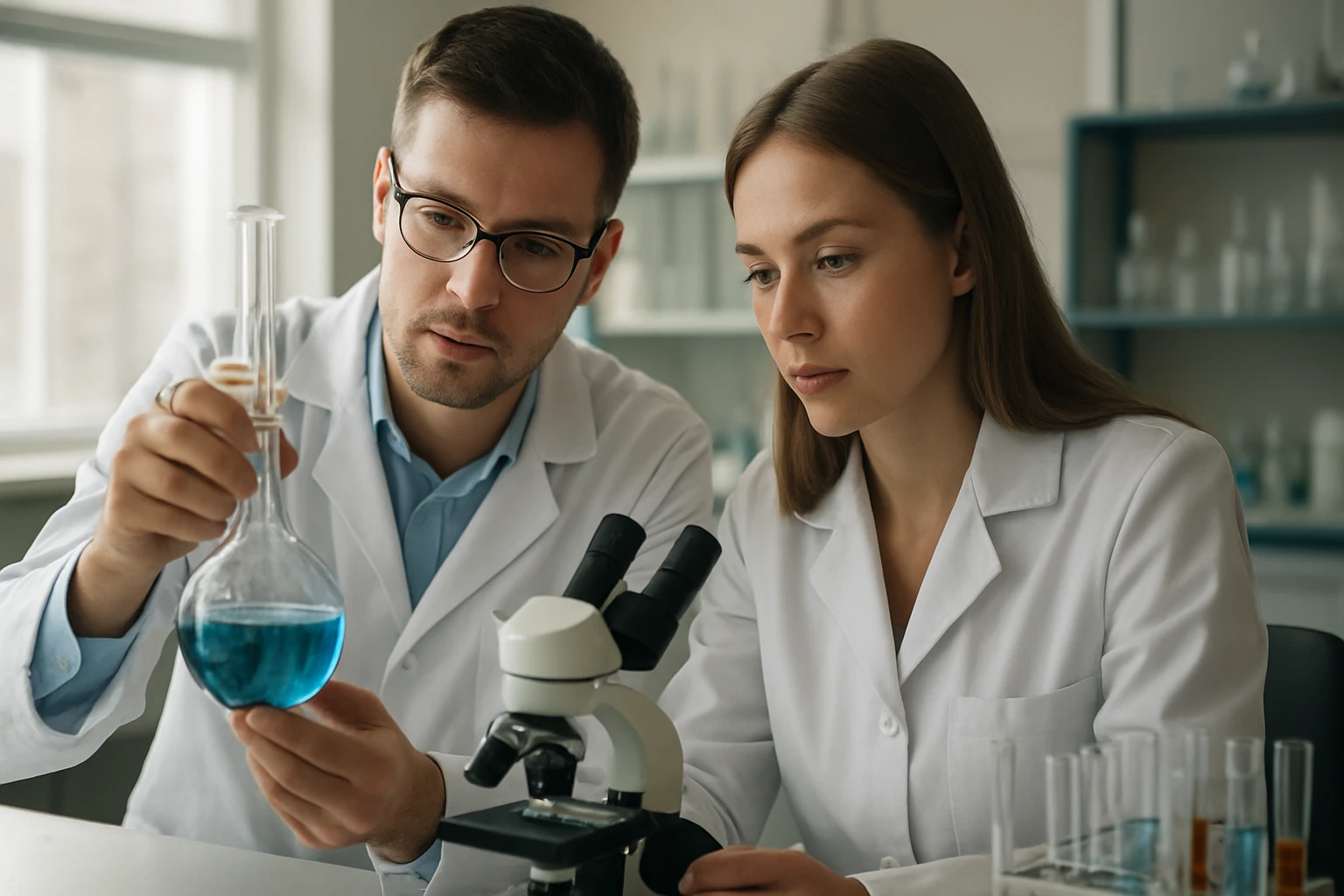 A csiriz jellemzői, előállítása és hagyományos alkalmazási módjai Két tudós laboratóriumban dolgozik, kék oldatot vizsgálnak.