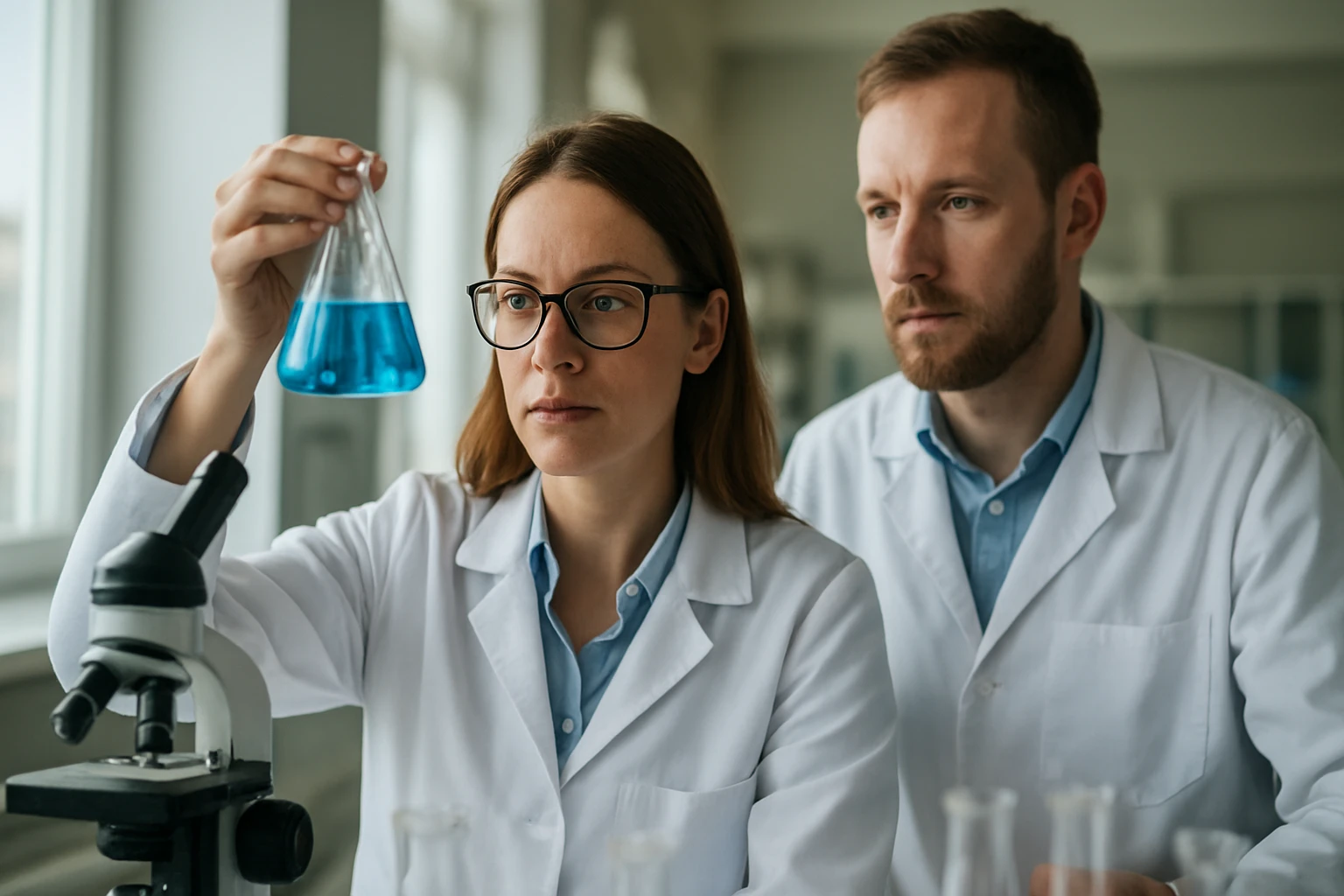 Két tudós laboratóriumban kémiai kísérletet végez.