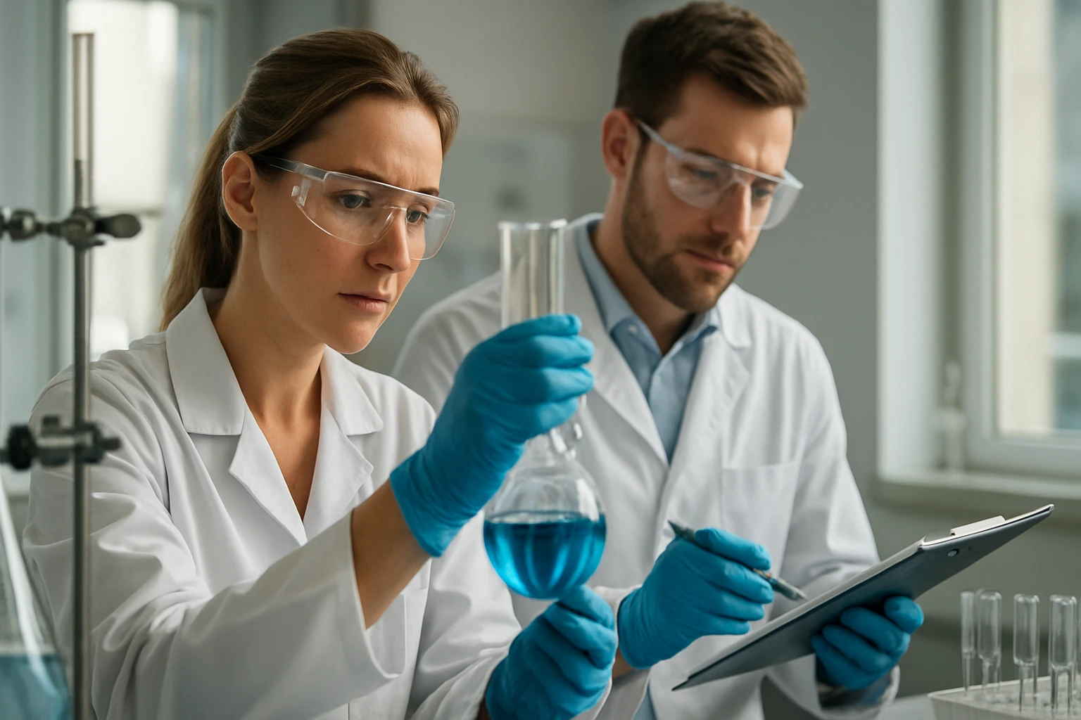 Két tudós laboratóriumban cukoralkoholokkal kapcsolatos kísérleteken dolgozik.