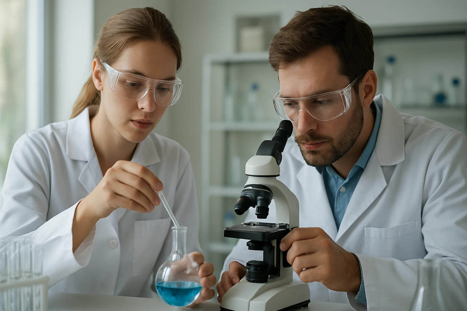 Két kutató laboratóriumban dolgozik, mikroszkóppal és gyógyszerészeti anyagokkal.